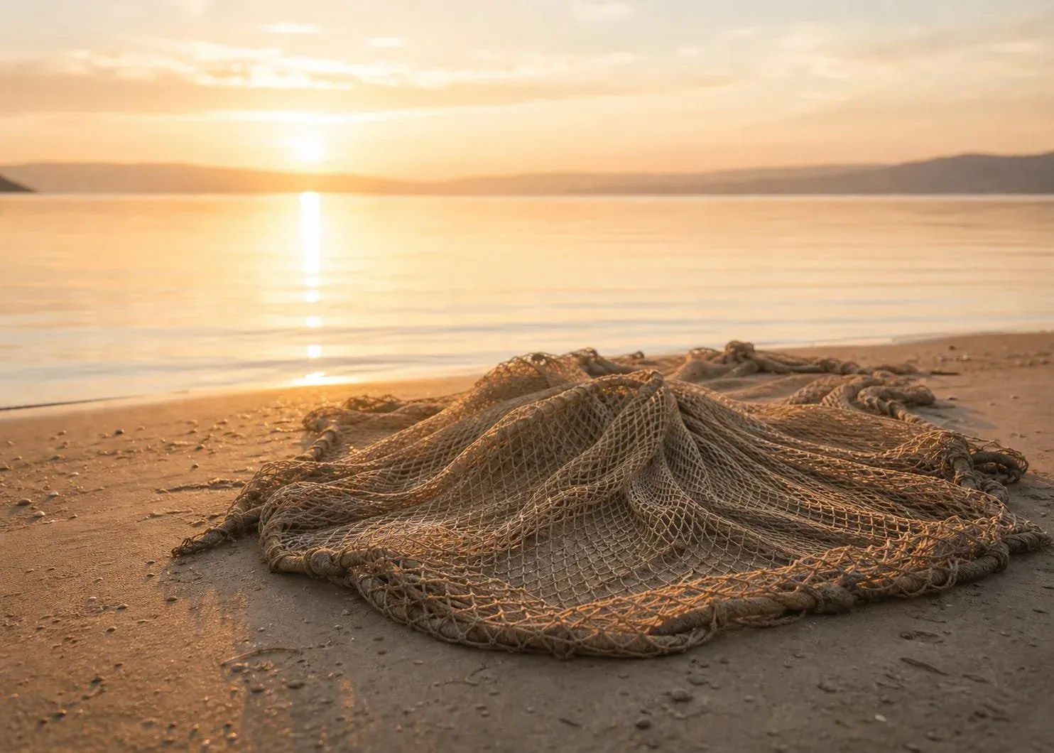 A woven fishing net spread out on wet sand at the edge of a calm lake, lit gold by a low sun with hills on the far shore.