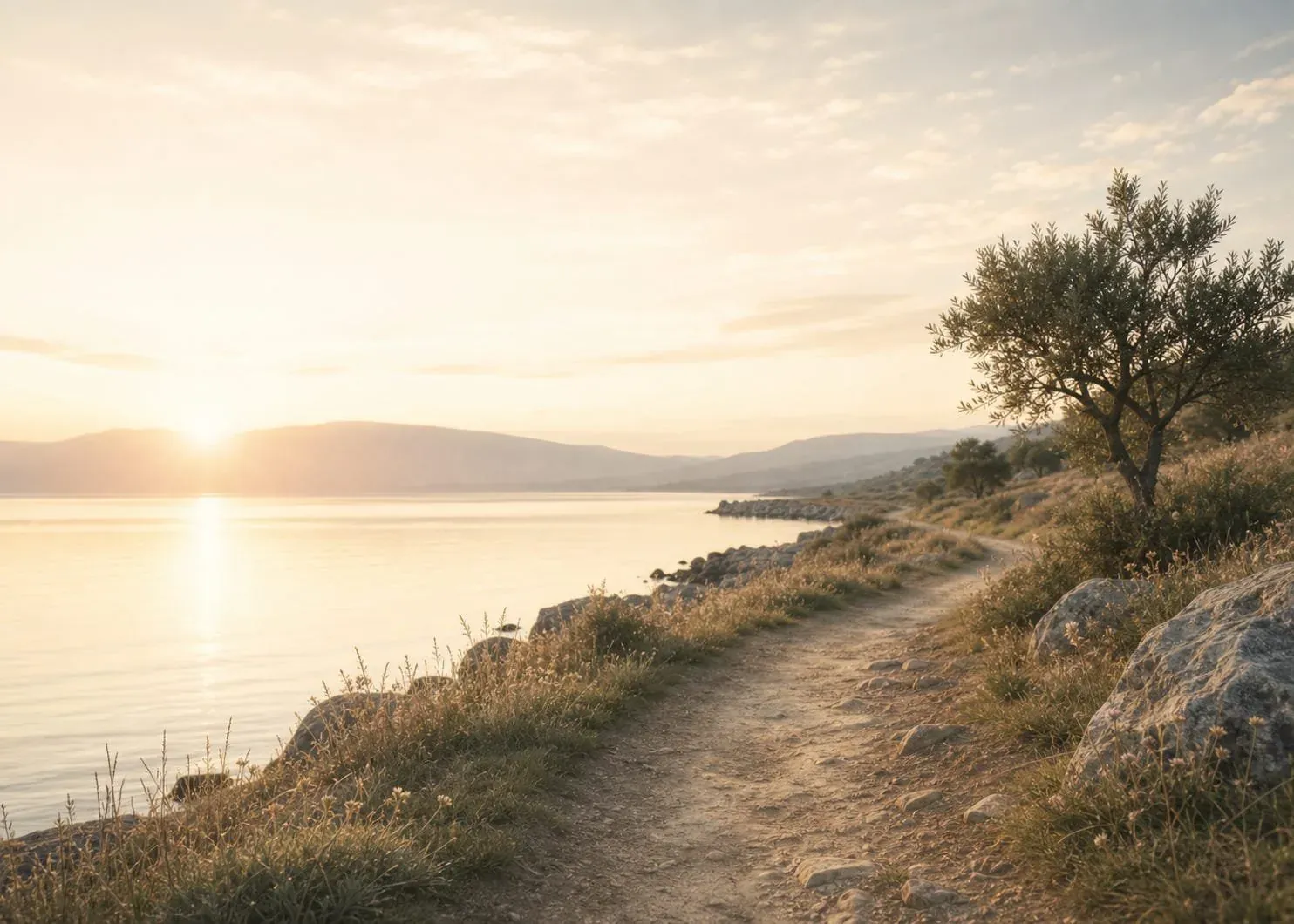 Golden-hour photograph of a narrow dirt path winding along a rocky shoreline above calm water, with an olive tree, dry grass, and low hills under a hazy sun.