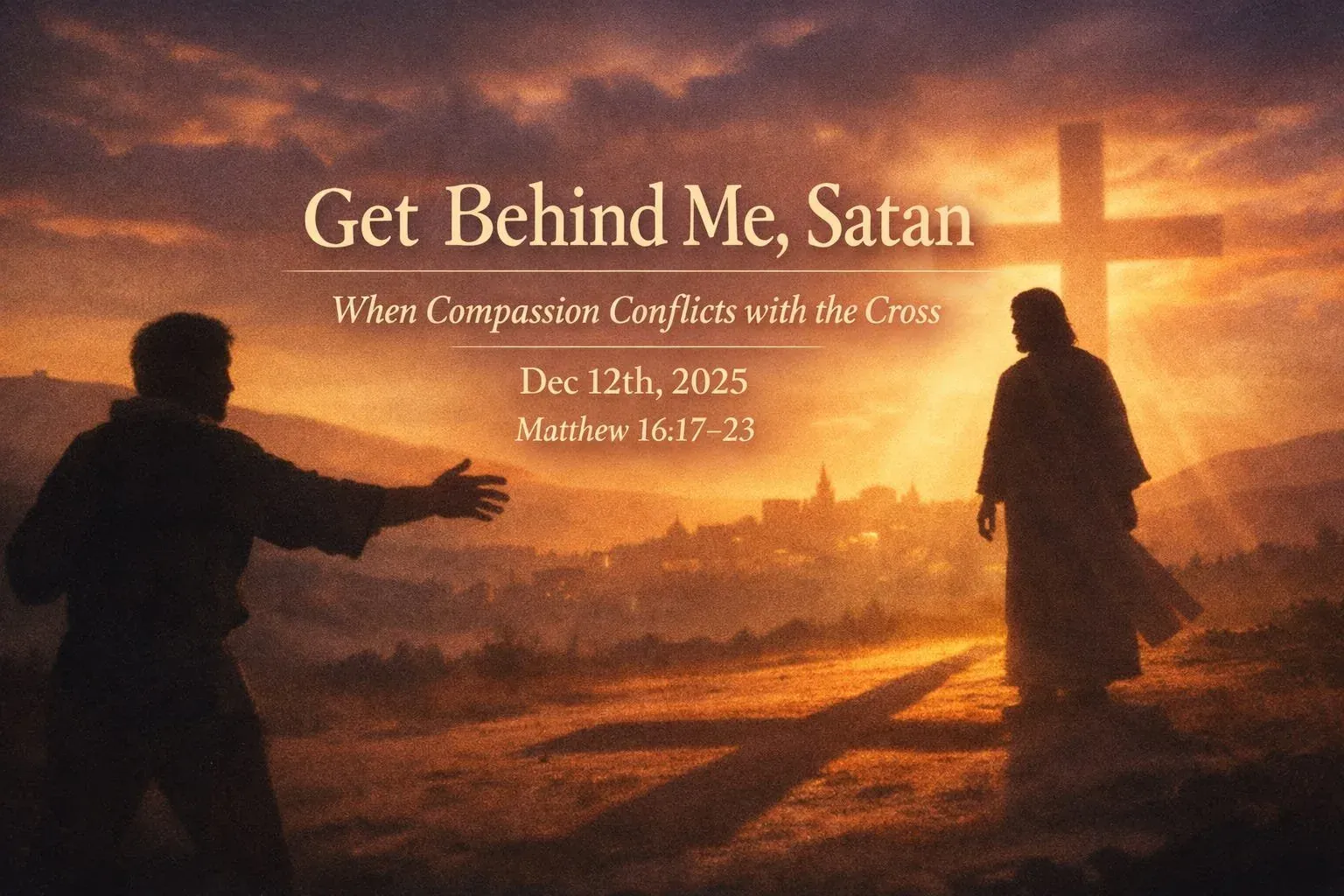 Sunset scene where a silhouetted man reaches toward a robed figure standing before a glowing cross, titled "Get Behind Me, Satan / When Compassion Conflicts with the Cross," Matthew 16:17-23.