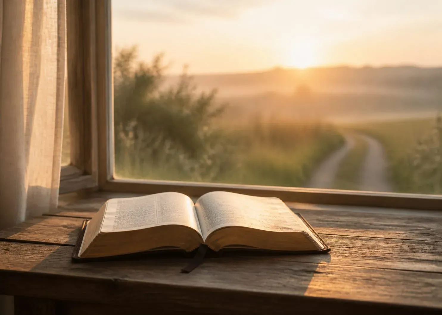 Open Bible on a weathered wooden sill beside a linen curtain, sunrise glowing over a field and winding dirt path outside the window.