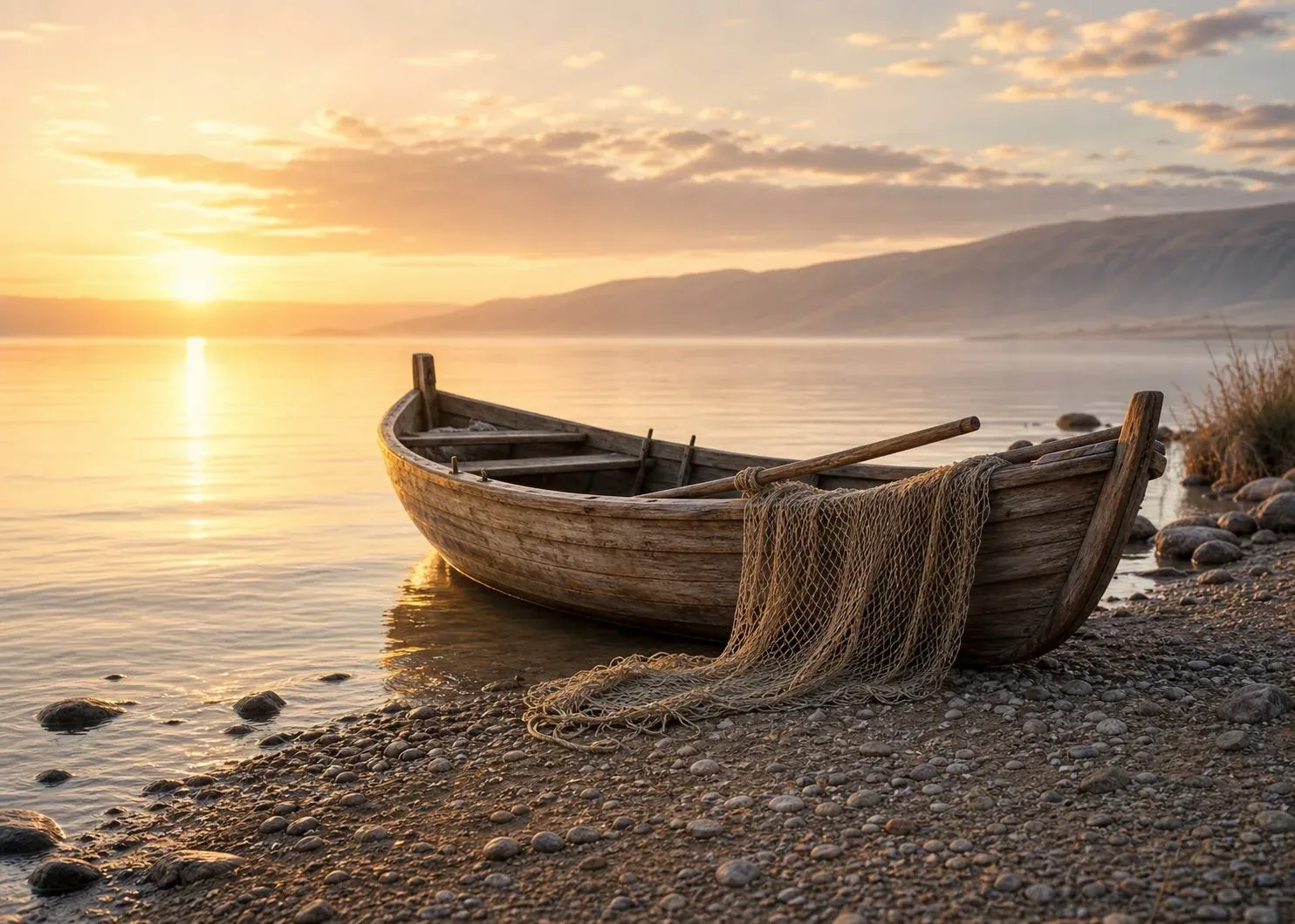 Weathered wooden fishing boat beached on a pebbled lakeshore at sunrise, a fishing net draped over its side, calm water and hills behind.
