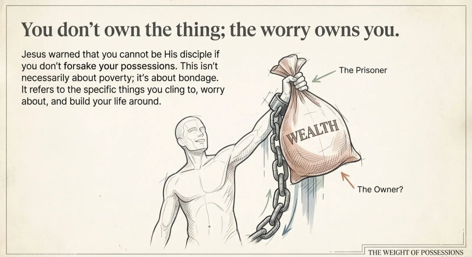 “You don’t own the thing; the worry owns you.” — sketch of a man gripping a sack marked “WEALTH” while chained to it by the wrist, arrows labeling him “The Prisoner” and the sack “The Owner?”, with footer “THE WEIGHT OF POSSESSIONS.”