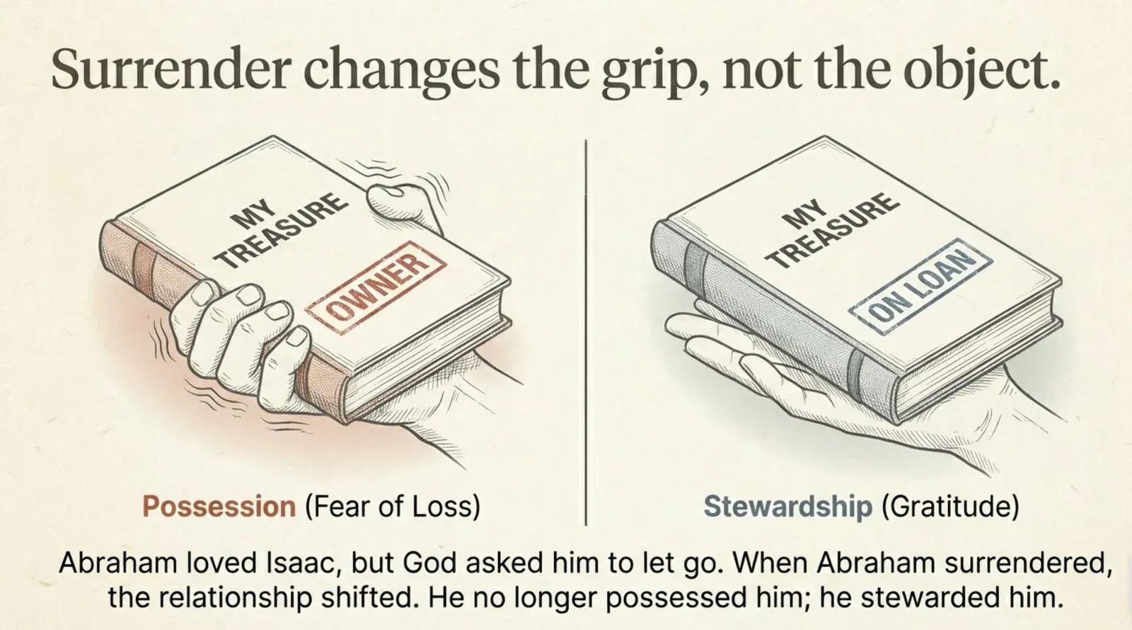 Side-by-side hands holding a book stamped “My Treasure”: a clenched grip marked OWNER labeled “Possession (Fear of Loss)” versus an open palm marked ON LOAN labeled “Stewardship (Gratitude).”