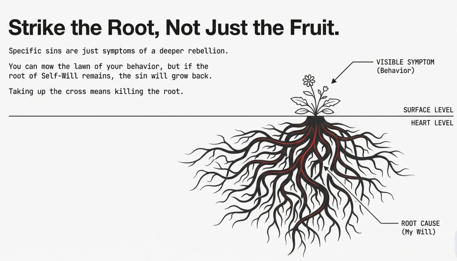 Cross-section of a small flower above a “Surface level / Heart level” line with a huge red-veined root system, labels “Visible symptom (Behavior)” and “Root cause (My Will)”, headline “Strike the Root, Not Just the Fruit.”