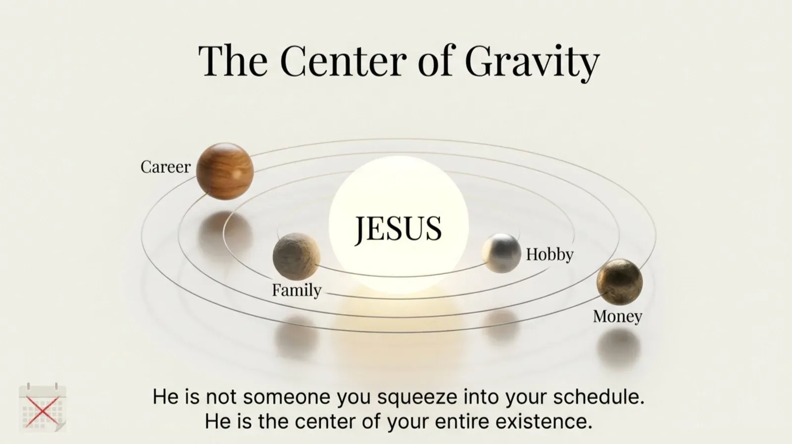 Orbit diagram titled “The Center of Gravity” with a glowing sphere labeled JESUS at the center and smaller spheres labeled Career, Family, Hobby, and Money circling it on thin elliptical rings.