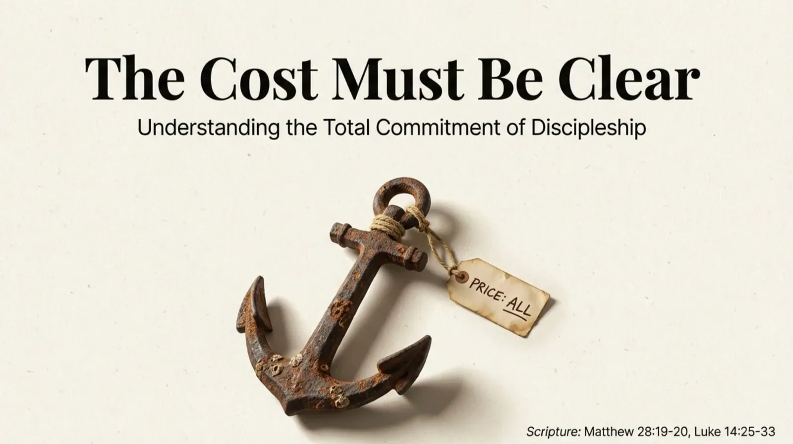 Rusted iron anchor with a paper tag reading "PRICE: ALL" under the headline "The Cost Must Be Clear — Understanding the Total Commitment of Discipleship," captioned Matthew 28:19-20, Luke 14:25-33.