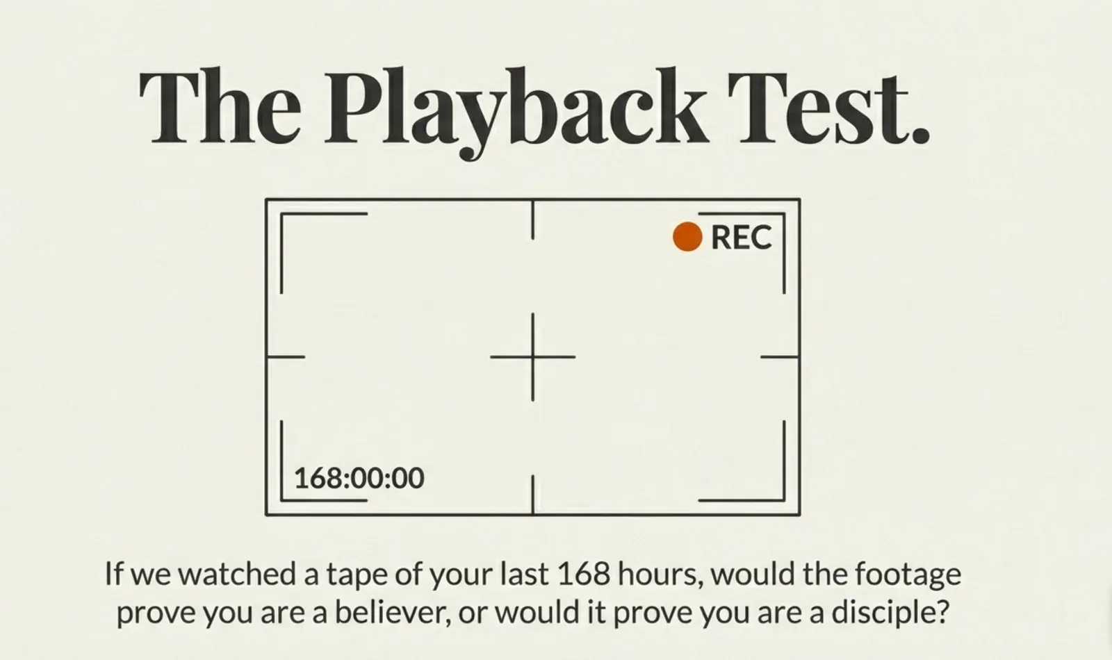 Camera viewfinder frame with a red REC dot and timecode “168:00:00” under the heading “The Playback Test.” and the question of whether the footage would prove you a believer or a disciple.