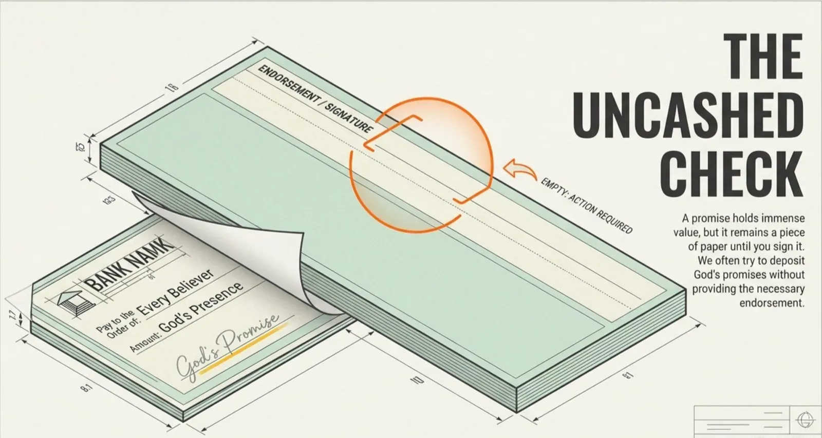 Blueprint-style drawing titled "The Uncashed Check" of a checkbook paying "Every Believer" the amount "God's Presence," with a circled blank endorsement line marked "Empty: action required."
