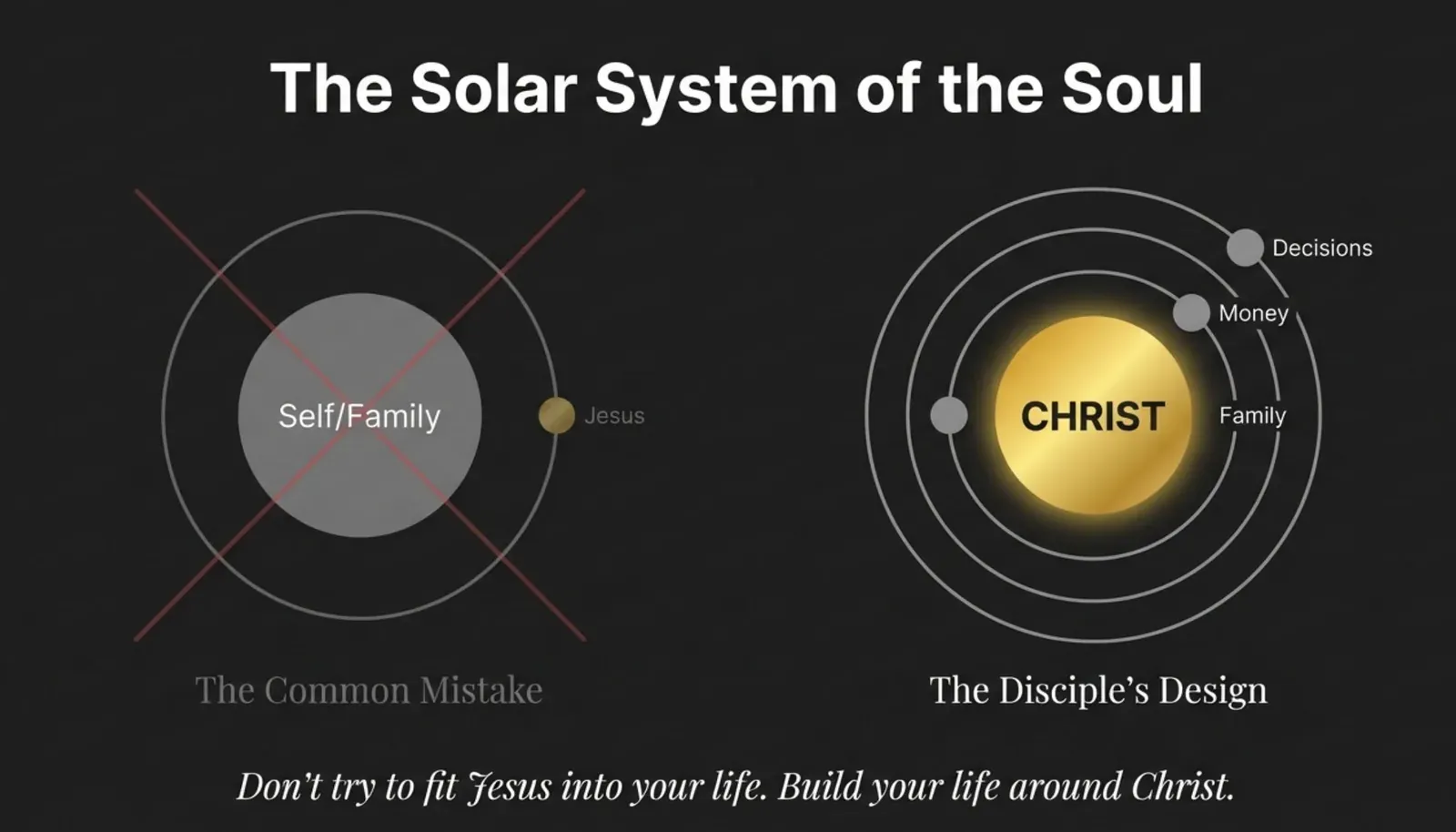 “The Solar System of the Soul” comparison: a crossed-out diagram with “Self/Family” at center and tiny “Jesus” orbiting, labeled “The Common Mistake,” versus a glowing “CHRIST” sun orbited by Decisions, Money, Family, labeled “The Disciple’s Design.”