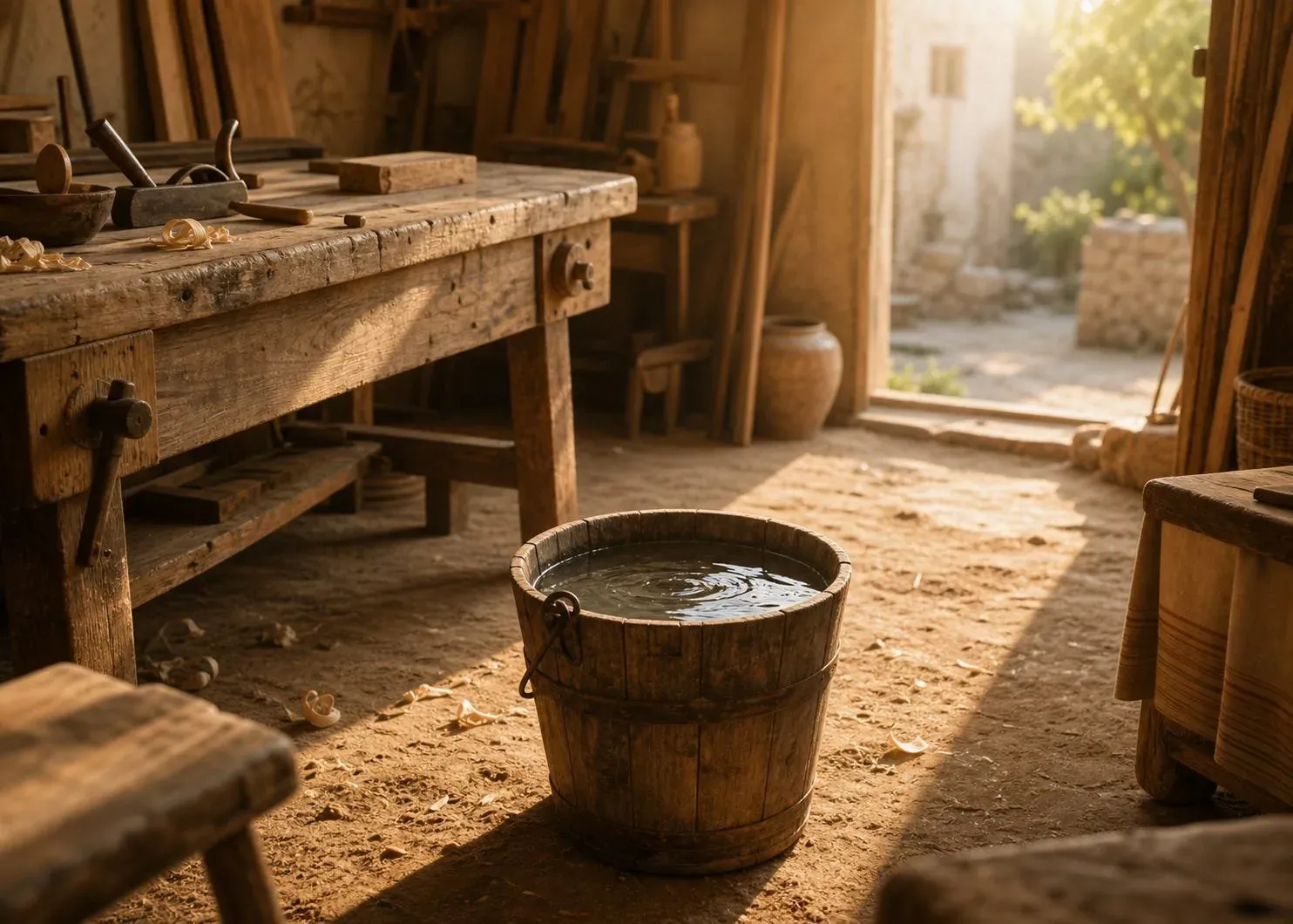 Sunlit ancient carpenter's workshop with a worn wooden workbench, hand tools and shavings, and a water-filled wooden bucket on the dirt floor.
