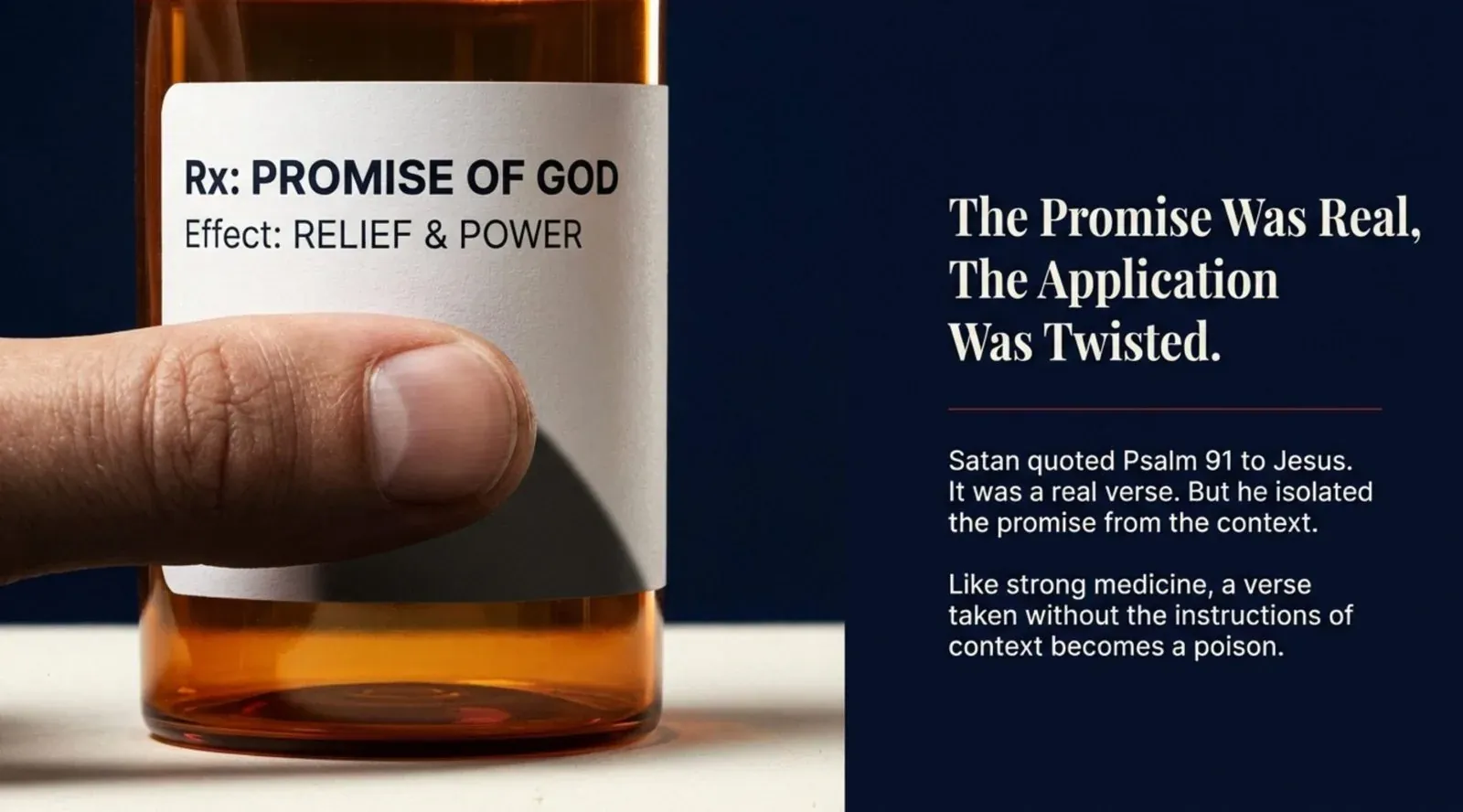A thumb pressing a pill bottle labeled "Rx: PROMISE OF GOD, Effect: RELIEF & POWER" beside navy text "The Promise Was Real, The Application Was Twisted."