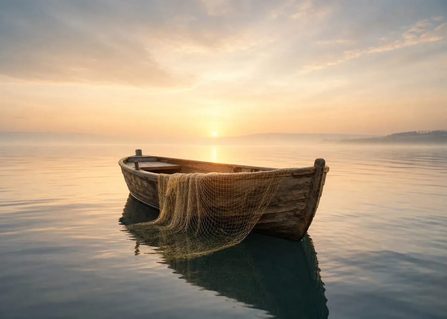 Empty weathered wooden fishing boat on glassy water at sunrise, its net draped over the side into the shallows.
