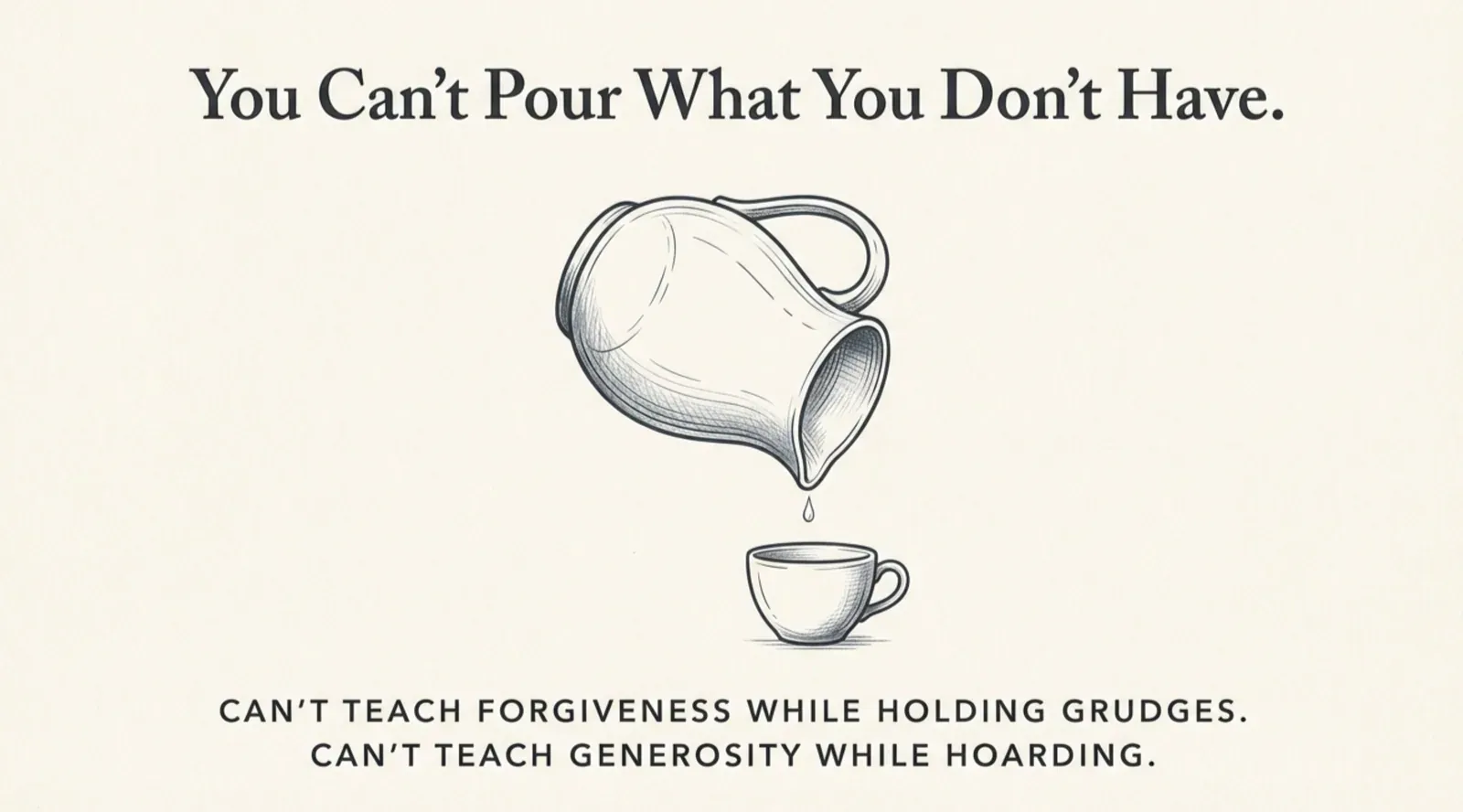“You Can’t Pour What You Don’t Have.” — pencil sketch of a tipped pitcher releasing a single drop toward a small cup, above the lines “Can’t teach forgiveness while holding grudges. Can’t teach generosity while hoarding.”