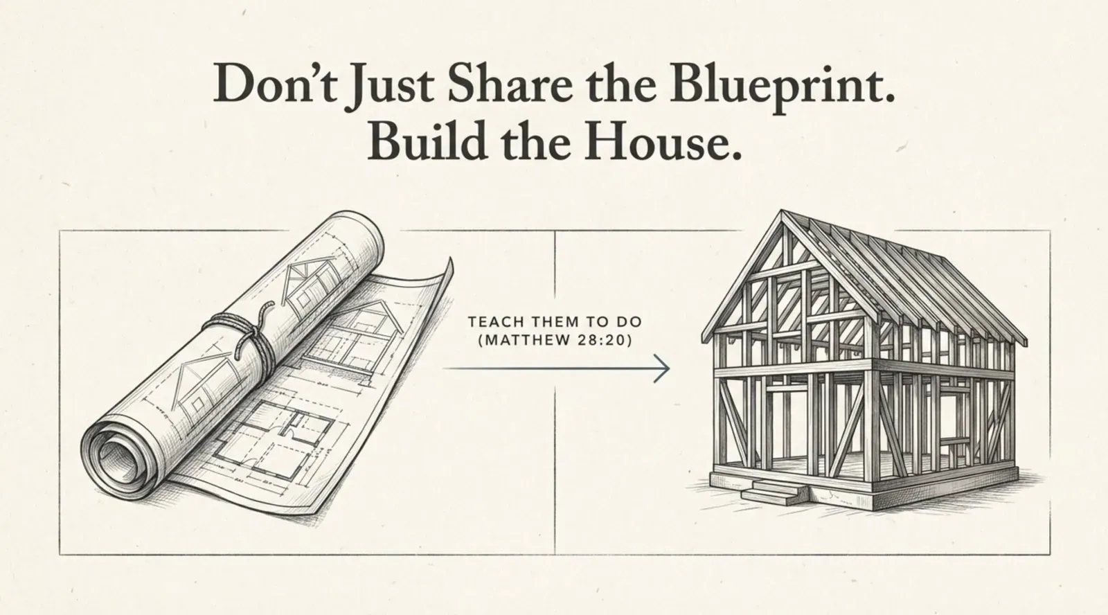 Pencil sketch of a rolled blueprint with an arrow to a timber house frame, arrow labeled "Teach them to do (Matthew 28:20)", headline "Don't Just Share the Blueprint. Build the House."