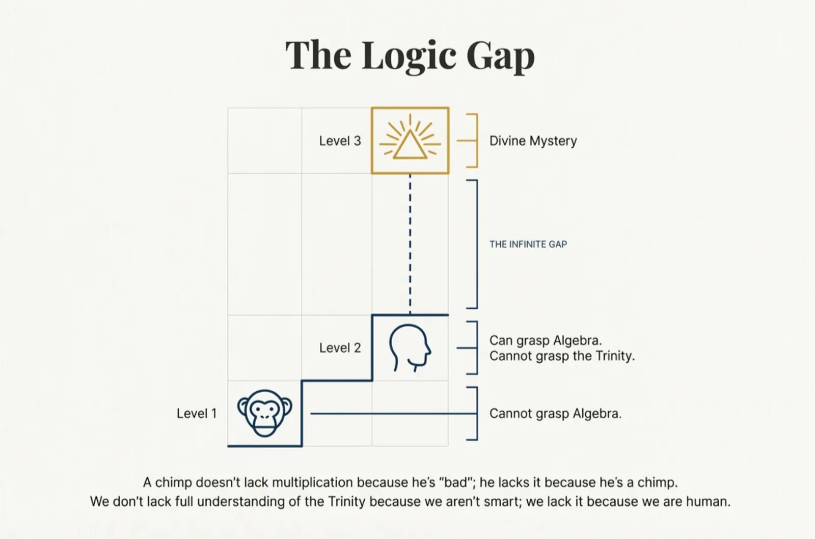 Stair-step chart titled “The Logic Gap”: Level 1 chimp “Cannot grasp Algebra,” Level 2 human head “Can grasp Algebra. Cannot grasp the Trinity,” and Level 3 “Divine Mystery” above “THE INFINITE GAP.”